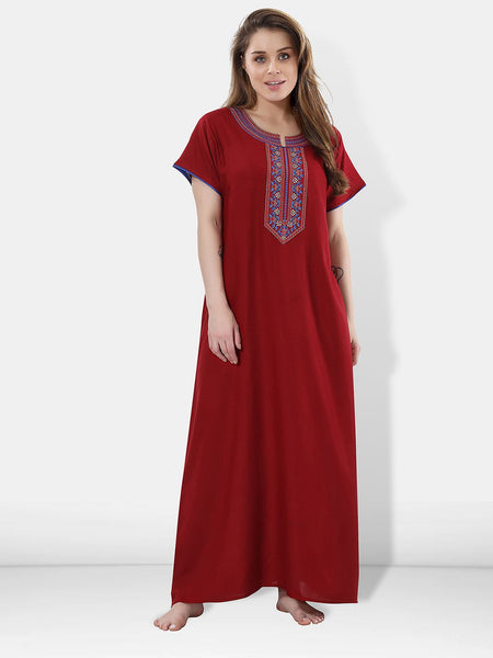 Be You Maroon Embroidered Maxi Nightdress