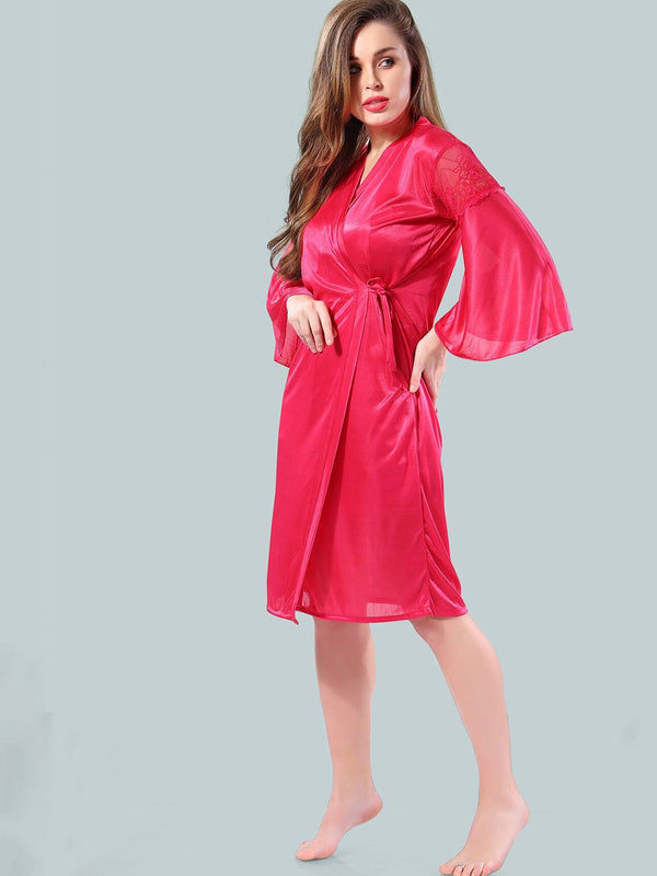 Be You Women Pink Solid Satin Short Nighty with Robe