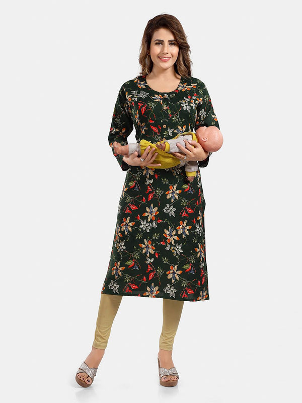 Be You Floral Printed Round Neck Maternity Straight Kurta