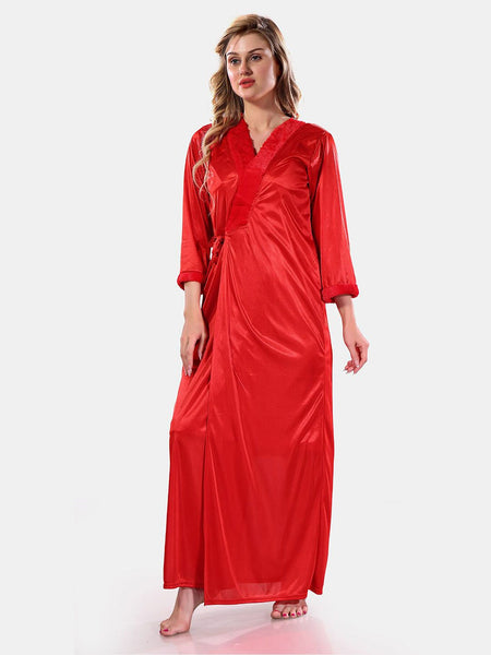 Be You V Neck Lace Up Details Satin Nightdress With Robe