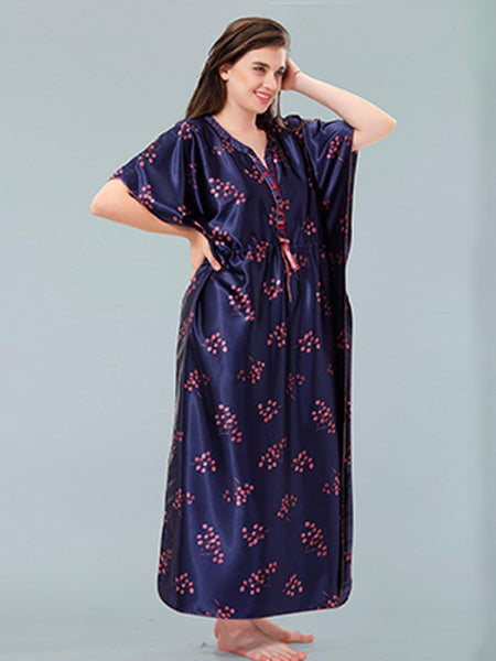 Be You Navy Blue Printed Maxi Kaftan Nightdress