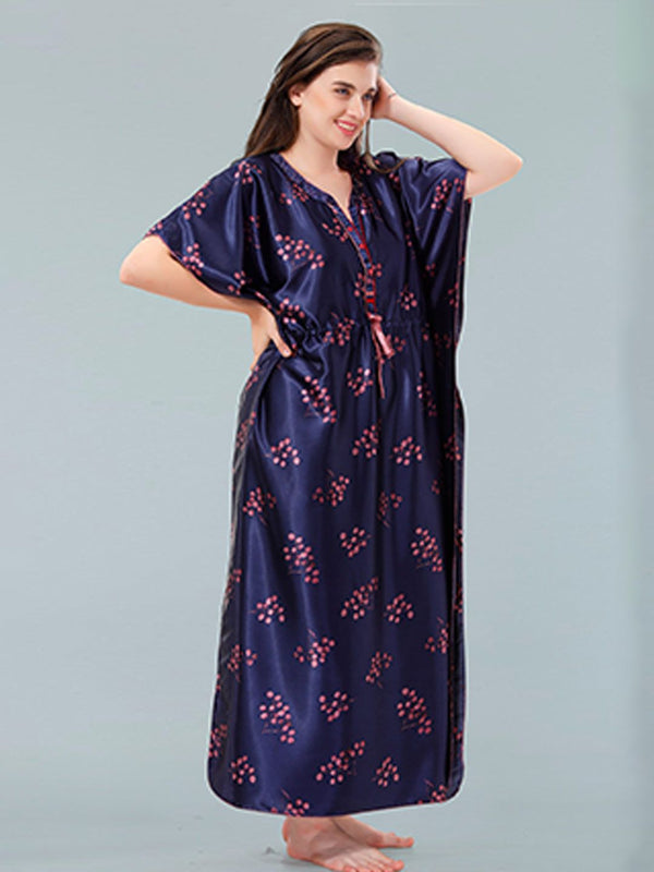 Be You Navy Blue Printed Maxi Kaftan Nightdress