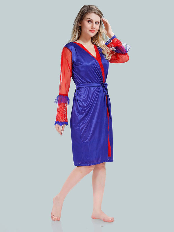 Be You Solid Lace Details Satin Nighty with Robe