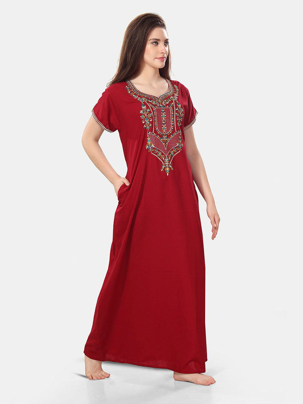 Be You Ethnic Motifs Embroidered Maxi Nightdress