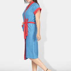 Be You Two-Tone Blue Solid Cotton Drawstring Knee Length Bath Robe-L/XL