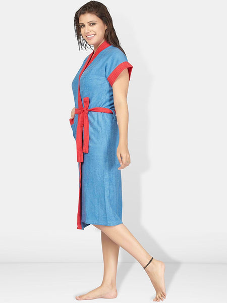 Be You Two-Tone Blue Solid Cotton Drawstring Knee Length Bath Robe-L/XL
