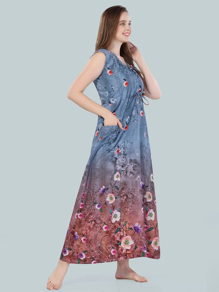 Be You Women Grey Floral Printed Maxi Nightdress