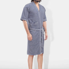 Be You Navy Blue Striped Cotton Drawstring Knee Length Bath Robe-3XL