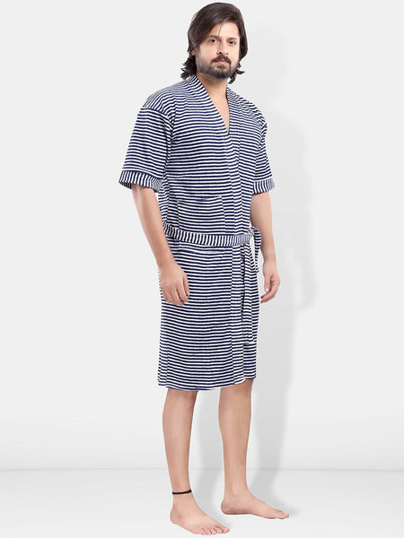 Be You Navy Blue Striped Cotton Drawstring Knee Length Bath Robe-3XL