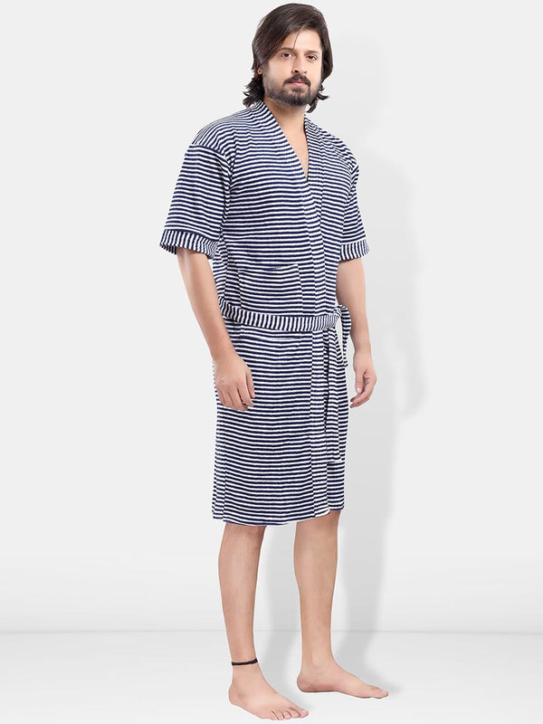 Be You Navy Blue Striped Cotton Drawstring Knee Length Bath Robe-3XL