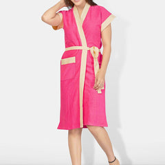 Be You Pink Solid Cotton Drawstring Knee Length Bath Robe-L/XL