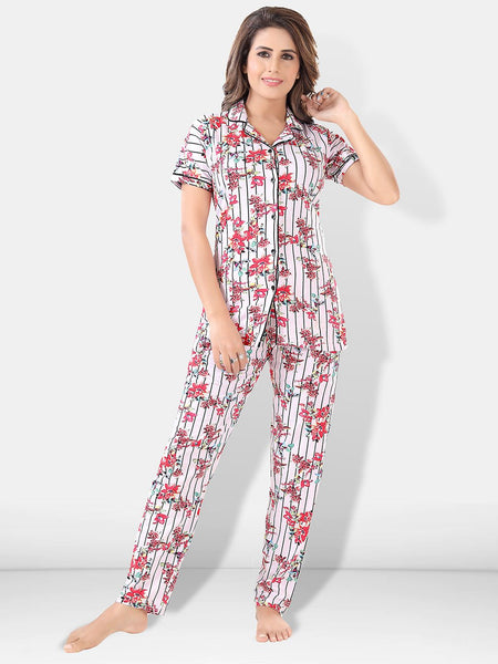 Be You Women White & Pink Printed Pajama & Shorts with Shirt Night Suits