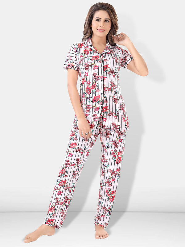Be You Women White & Pink Printed Pajama & Shorts with Shirt Night Suits