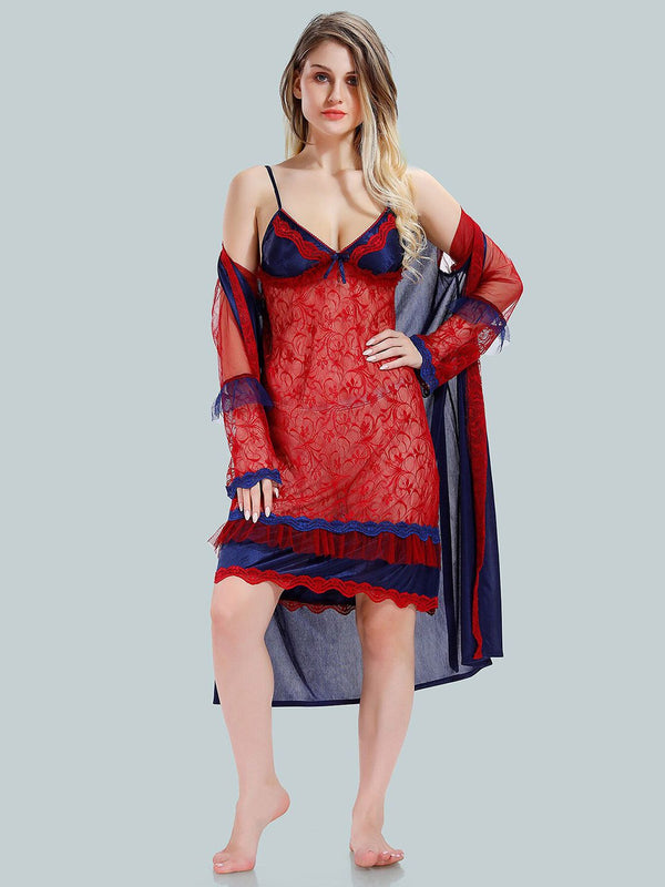 Be You Solid Lace Details Satin Nighty with Robe