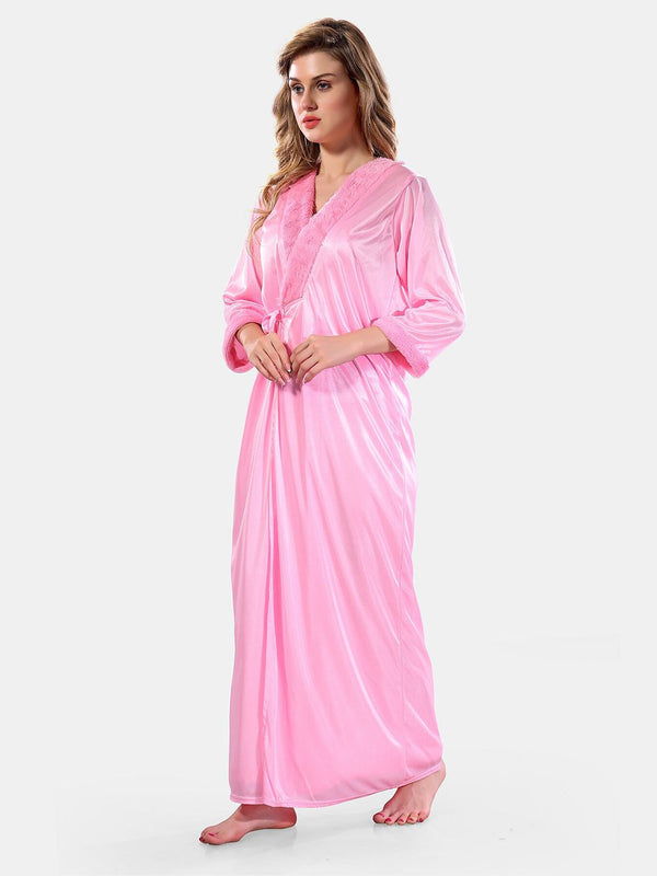 Be You V Neck Lace Up Details Satin Nightdress With Robe