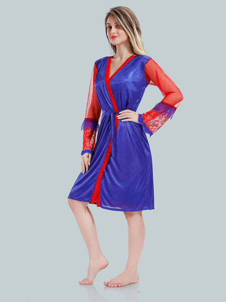 Be You Solid Lace Details Satin Nighty with Robe