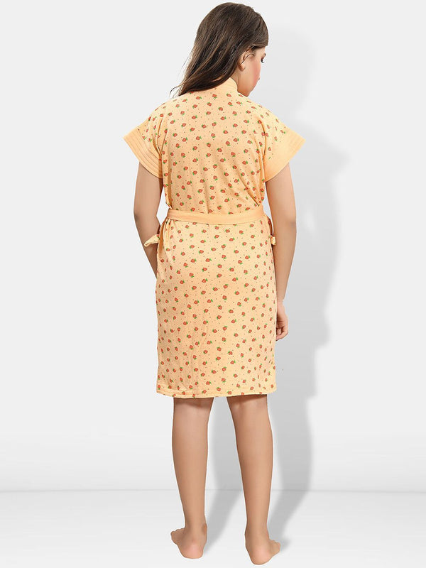 Be You Strawberry Print Peach Conversational Cotton Drawstring Knee Length Bath Robe