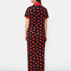Be You Satin Hearts Print Night Robe For Women Printed Maxi Nightdress