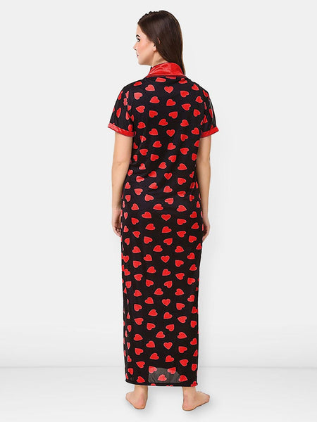 Be You Satin Hearts Print Night Robe For Women Printed Maxi Nightdress