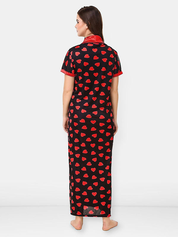 Be You Satin Hearts Print Night Robe For Women Printed Maxi Nightdress