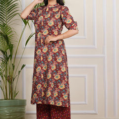 Be You Floral Printed Band Collar A-line Kurta With Palazzos