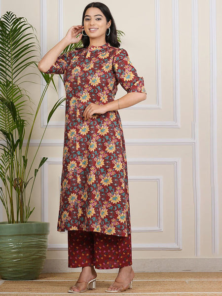 Be You Floral Printed Band Collar A-line Kurta With Palazzos