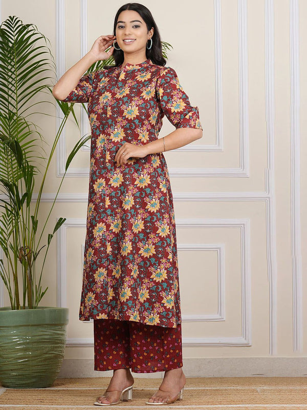 Be You Floral Printed Band Collar A-line Kurta With Palazzos