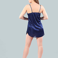 Be You Women Navy Blue Solid Satin Short Nighty with Robe