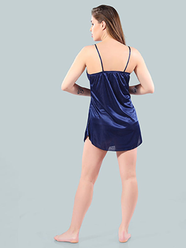 Be You Women Navy Blue Solid Satin Short Nighty with Robe