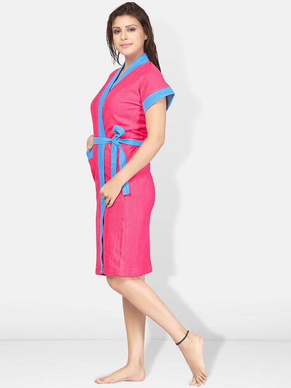 Be You Blue Solid Cotton Drawstring Knee Length Bath Robe