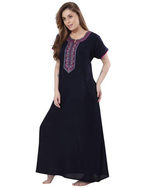 Be You Navy Blue Embroidered Maxi Nightdress
