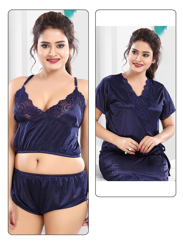 Be You Women Set Of 2 Navy Blue Maxi 1Robe with Lingerie Set Nightdress