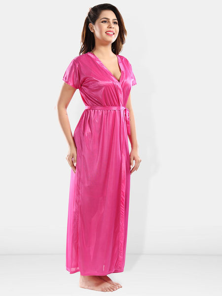 Be You Shoulder Straps Laced Nightdress With Satin Robe And Briefs