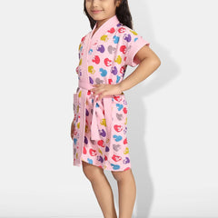 Be You Hearts Pink Conversational Cotton Drawstring Knee Length Bath Robe