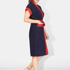 Be You Navy Blue Solid Cotton Drawstring Knee Length Bath Robe-L/XL