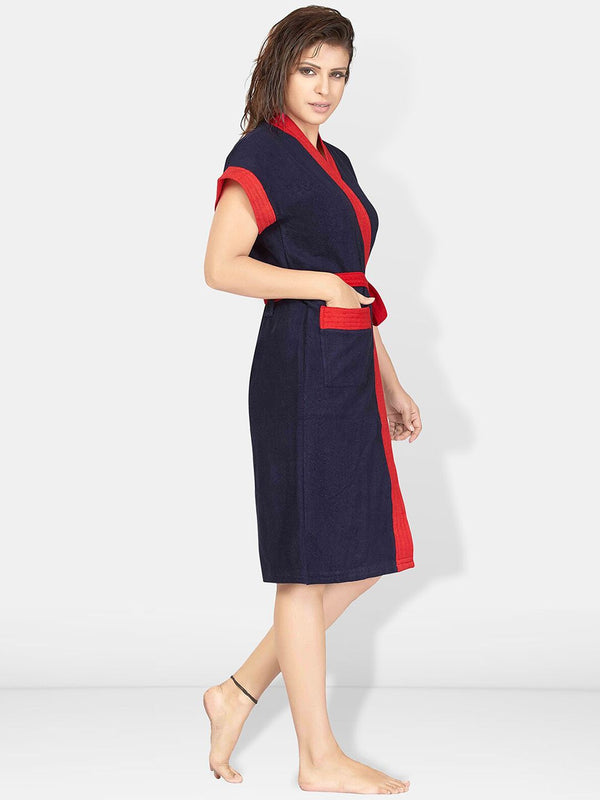 Be You Navy Blue Solid Cotton Drawstring Knee Length Bath Robe-L/XL