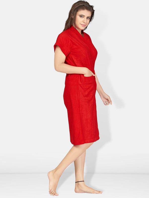 Be You Red Solid Cotton Drawstring Knee Length Bath Robe-L/XL