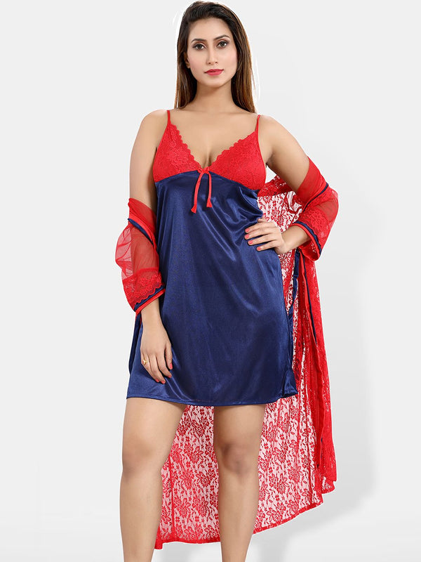 Be You Floral Lace Shoulder Straps Satin Nightdress With Robe