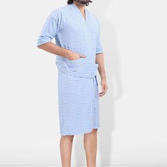 Be You Blue Striped Cotton Drawstring Knee Length Bath Robe-3XL