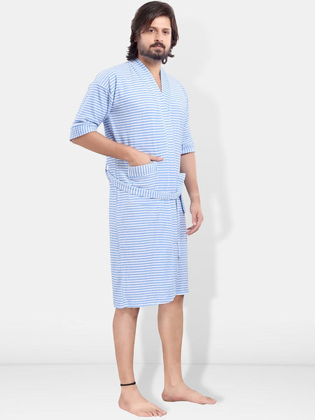 Be You Blue Striped Cotton Drawstring Knee Length Bath Robe-3XL