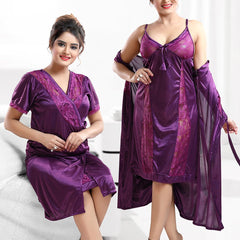 Be You Women Purple Solid Satin Nightdress-BUF-NIGHTY-2192-Purple