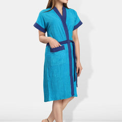 Be You Blue Solid Cotton Drawstring Knee Length Bath Robe-L/XL