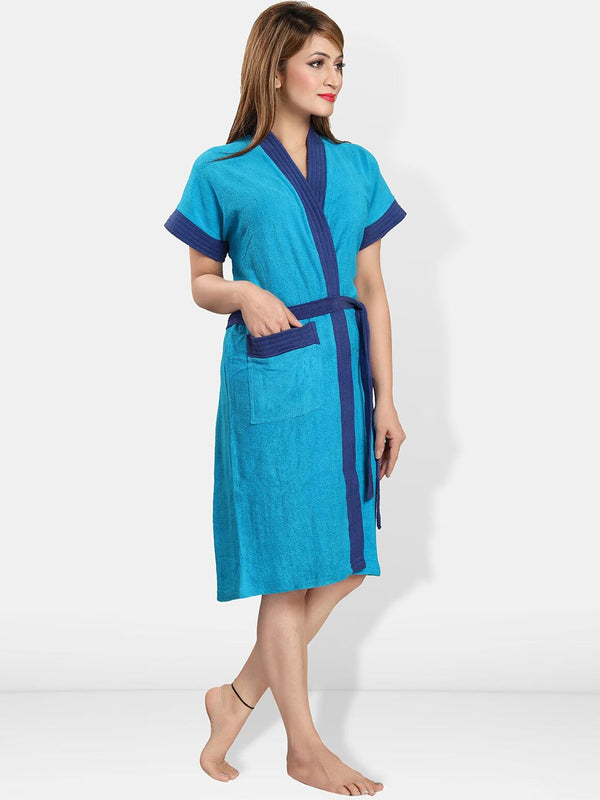 Be You Blue Solid Cotton Drawstring Knee Length Bath Robe-L/XL