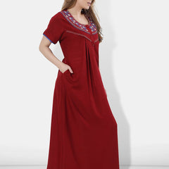 Be You Women Maroon Embroidered Maxi Nightdress