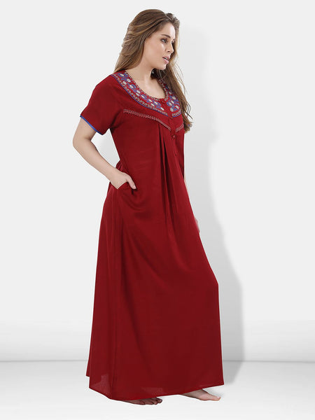 Be You Women Maroon Embroidered Maxi Nightdress