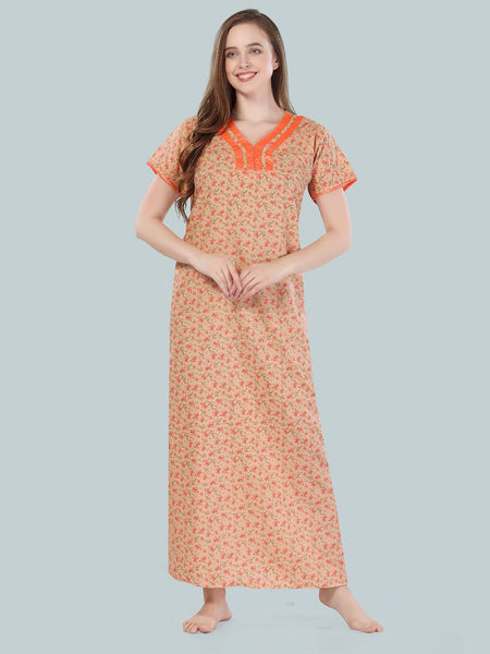 Be You Women Orange Printed Maxi Nightdress