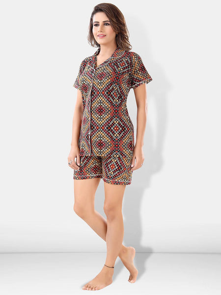 Be You Women Brown & Red Printed Pajama & Shorts with Shirt Night Suits