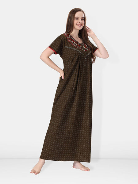 Be You Geometric Printed Embroidered Maxi Nightdress