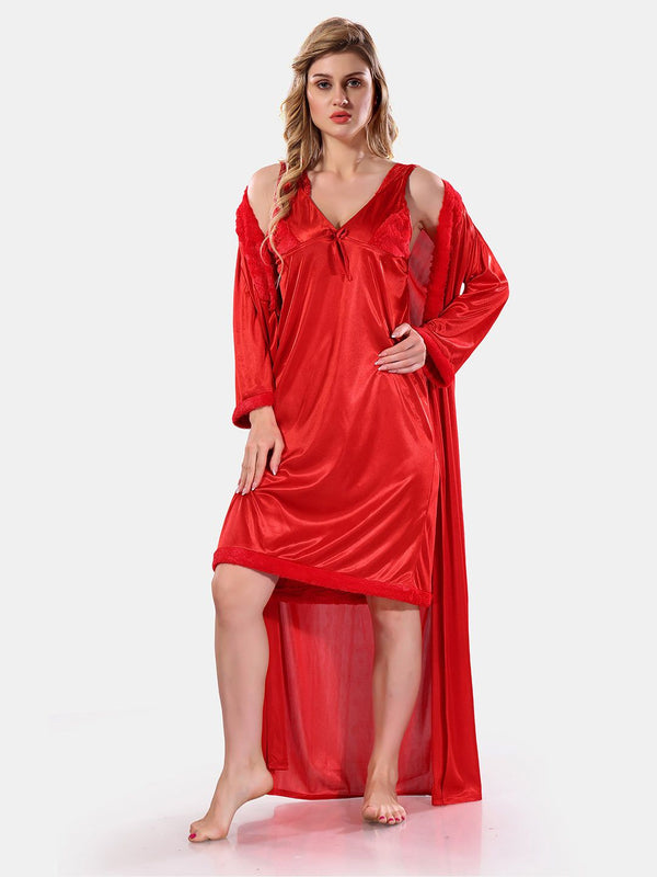 Be You V Neck Lace Up Details Satin Nightdress With Robe