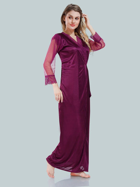 Be You Square Neck Lace Up Details Satin Maxi Nightdress With Robe